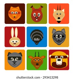 vector illustration set forest animals flat silhouettes on square background in color for design, web, infographic