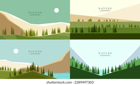 Ilustración vectorial. Un conjunto de paisajes forestales en un estilo plano. Fondos de pantalla de ecología natural. Concepto geométrico minimalista, poligonal. Cielo despejado. Color simple. Diseño para banner web, plantilla de sitio web