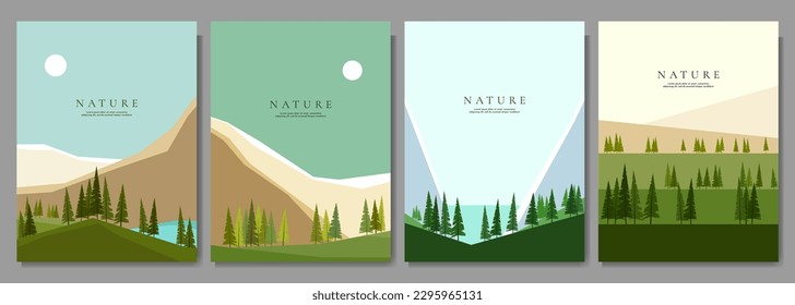 Ilustración vectorial. Un conjunto de paisajes forestales en un estilo plano. Fondos de pantalla de ecología natural. Concepto geométrico minimalista, poligonal. Cielo despejado. Diseño de carteles, postales, portada de libros o revistas