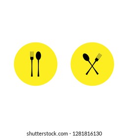 Vector illustration. set of fork and spoon icon on yellow circle on white background. Restaurant menu icon.