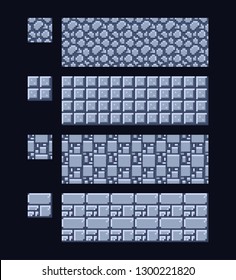 Vector illustration - set of four 8 bit 16x16 stone and metal texture. Pixel art style game background seamless pattern of different grey stones and bricks. Retro game environment design.