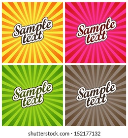 Vector Illustration: Set of Four Backgrounds with Colored Sun Rays for Label Design