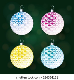Vector illustration: Set of four bright christmas balls made of glittering crystals isolated on dark green background with bokeh lights