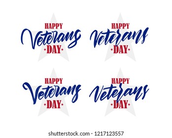Vector illustration: Set of four  Calligraphic brush type lettering composition of Happy Veterans Day
