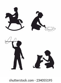 Vector illustration of a set of four children playing