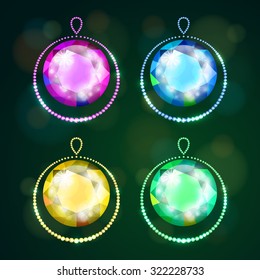Vector illustration: Set of four christmas balls different colors made of glittering crystals isolated on dark green background with bokeh circles