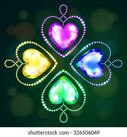 Vector illustration: set of four christmas decorations in form of heart made of bright varicolored glittering crystals isolated on dark green background with shiny bokeh circles