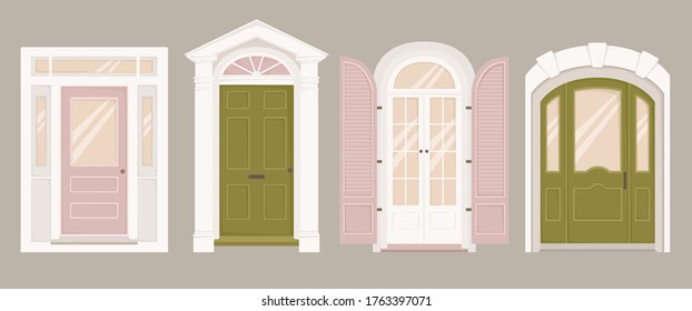 Vector illustration,  set of four classical doors of various shapes and colors. Architectural styles.