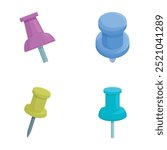Vector illustration of a set of four colorful push pins in different orientations