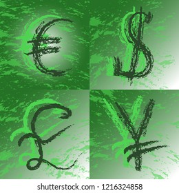 Vector illustration. Set of four currencies dollar, pound sterling, Euro, Japanese yen in abstract style in green tones.