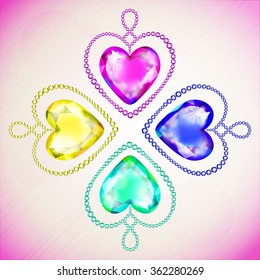 Vector illustration: set of four decorative hearts made of bright varicolored glittering crystals isolated on striped gradient pink background