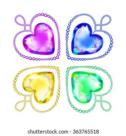 Vector illustration: set of four decorative hearts made of bright varicolored glittering crystals isolated on white background