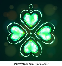 Vector illustration: set of four decorative hearts made of bright green crystals in form of shamrock isolated on dark green background with bokeh circles