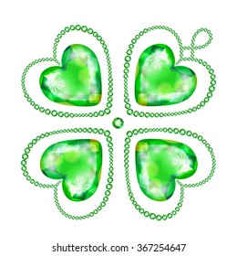 Vector illustration: set of four decorative hearts made of bright green crystals in form of shamrock isolated on white background