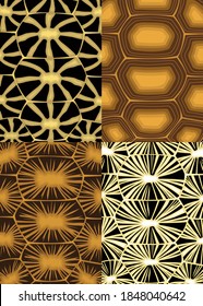 Vector illustration set of four different seamless tortoise shell patterns. sucata tortoise shell, indian star tortise shell seamless patterns in flat style for your design.