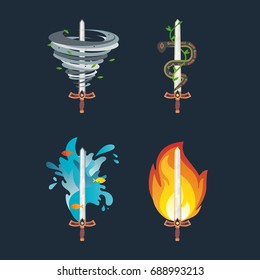 Vector illustration. Set of four elements. Swords with the power of nature.Fire, water, earth, air.