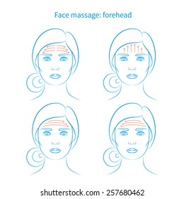 Vector illustration: set of four face massage instructions for forehead blue sketch