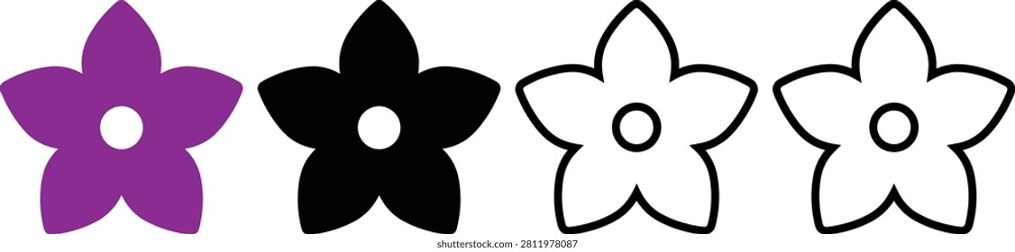 Vector illustration set of four five-petal flowers in purple, black, and outline style