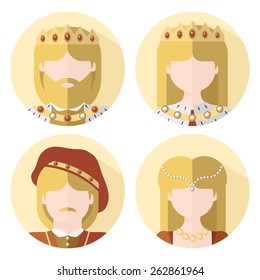 Vector illustration: set of four flat characters - The Royals: king, queen, prince and princess in round stickers