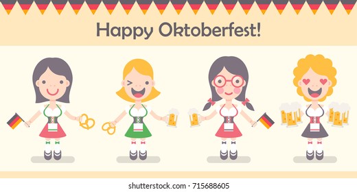 Vector illustration: set of four funny emotional female characters Traditional Waitress with beer mugs, german flags and brezel in flat style for Oktoberfest decor  isolated on creamy background
