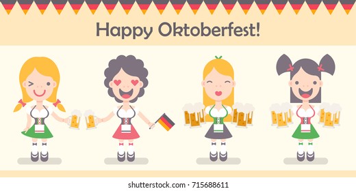 Vector illustration: set of four funny emotional female characters Traditional Waitress with beer mugs, german flags and brezel in flat style for Oktoberfest decor  isolated on creamy background
