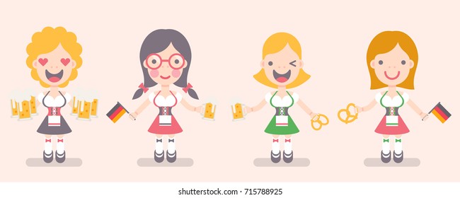 Vector illustration: set of four funny emotional female characters Traditional Waitress with beer mugs, german flags and brezel in flat style for Oktoberfest decor  isolated on creamy background
