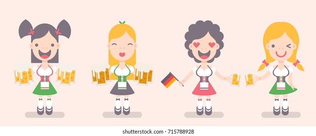 Vector illustration: set of four funny emotional female characters Traditional Waitress with beer mugs, german flags and brezel in flat style for Oktoberfest decor  isolated on creamy background
