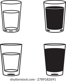 Vector illustration set of four glass icons, two with half-filled liquid and two completely filled, isolated on a clean white background for design.