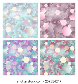 Vector illustration: set of four glittering confetti backgrounds  made of mix hexagons