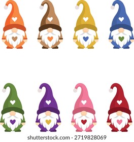 Ilustração vetorial conjunto de quatro casais gnomo de pé lado a lado e segurando corações vermelhos. Esta coleção apresenta diversos personagens com chapéus estampados coloridos em tons laranja, roxo e verde, ideal para cartões comemorativos do Dia dos Namorados, designs de aniversário de casamento e ativos digitais com temas românticos.