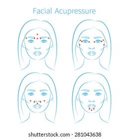 Vector Illustration: Set Of Four Hand Drawn Blue Schemes Facial Acupressure Massage For All Face Parts Demonstrated On Beautiful Asian Woman