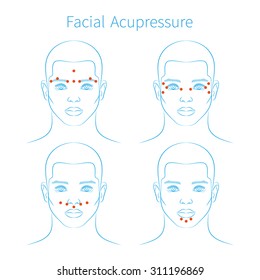 Vector illustration: set of four hand drawn blue schemes facial acupressure massage for all face parts demonstrated on handsome european man