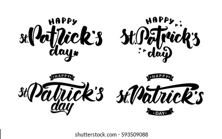 Vector illustration: Set of four Handwritten elegant modern brush lettering  of Happy St. Patrick's Day on white background. 