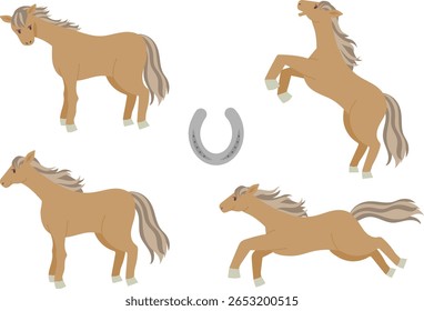 Ilustração vetorial conjunto de quatro poses de cavalo sobre fundo branco - em pé, correndo, girando ao redor, criando acima