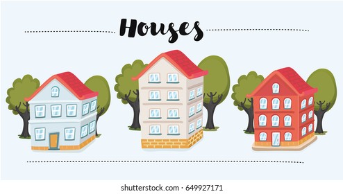 Vector illustration of set of four houses and trees on different colors. Isolated object on white background.