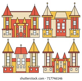Vector illustration. Set of four houses in bright color with a dark outline