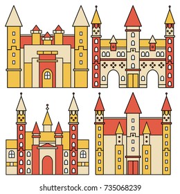 Vector illustration. Set of four houses in bright color with a dark outline