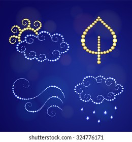 Vector illustration: Set of four icons "Autumn weather report" (sun, golden leaf, wind and raining cloud pictogram) made of twinkle crystals isolated on dark blue background with bokeh circles