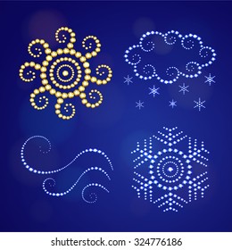 Vector illustration: Set of four icons "Winter weather report" (sun, snowcloud, wind and snowflake pictogram) made of twinkle crystals isolated on dark blue background with shining bokeh circles