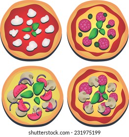 Vector illustration, set of four italian pizza, margarita, isolated on white background, use for menu restaurant
