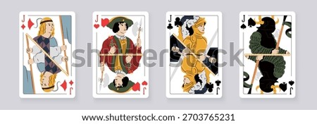 Vector illustration of a set of four Jack playing cards: Clubs, Diamonds, Hearts, Spades. Elegant and classic design for poker, casino, and entertainment projects.