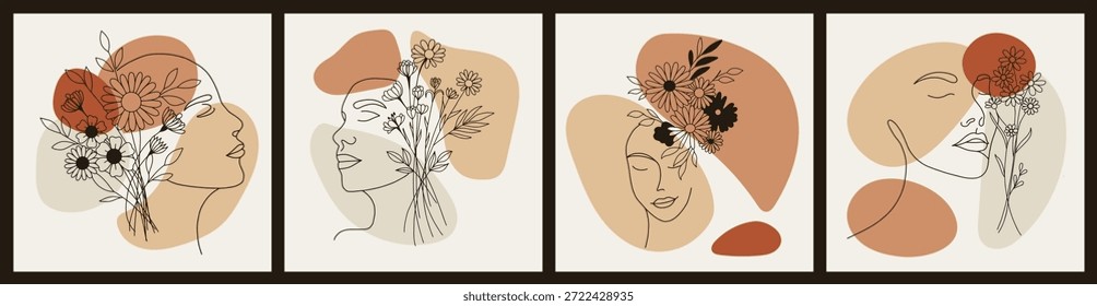Conjunto de Ilustración vectorial de cuatro retratos femeninos minimalistas en un estilo de arte de línea continua. Cada composición presenta Formas orgánicas abstractas en terracota y paletas beige, decoradas con delicadas flores de primavera. Perfecto para tarjetas de felicitación del Día Internacional de la Mujer (8 de marzo), carteles estéticos, Anuncios en redes sociales, marcas de belleza y arte moderno en paredes interiores. Formato de Vector totalmente editable