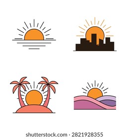 Vector illustration of a set of four minimalist sunset and sunrise icons, showcasing different scenic views like the ocean, city skyline, tropical island with palm trees, and rolling hills.