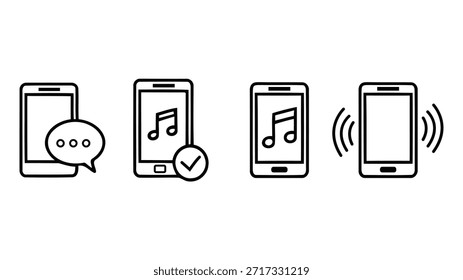Conjunto de Ilustración vectorial de cuatro teléfonos móviles con varios iconos en pantalla