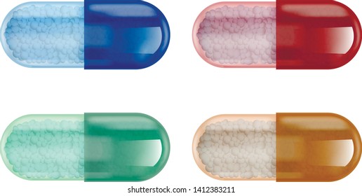 Vector illustration, set of four multicolored transparent gelatin capsules with medicines in the form of granules inside.	
