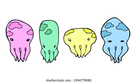 Vector illustration. Set of four octopuses of different colors and shapes. Illustration for tattoos, children's books, cute print. Isolated on a white background. Sea life collection.