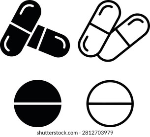 Vector illustration set of four pill and tablet icons, crossed capsules and scored round tablets in solid and outline black