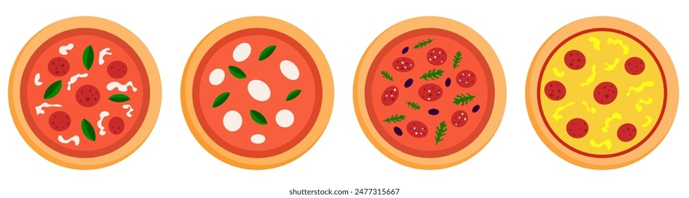 Vector illustration of set of four pizzas with mozzarella, pepperoni, cheese, basil, arugula, olives and cheese isolated on white background. Italian classic traditional food, fast food