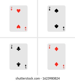 Vector illustration. Set of four playing cards on white background. Two of spades, Two of diamonds, Two of hearts and Two of clubs.