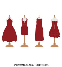 Vector illustration set of four red, bordo different design elegant cocktail and evening woman dresses on mannequin for boutique.